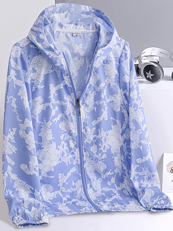 Light blue sun-protective waterproof windbreaker jacket with white pattern and zipper, ideal for outdoor activities.